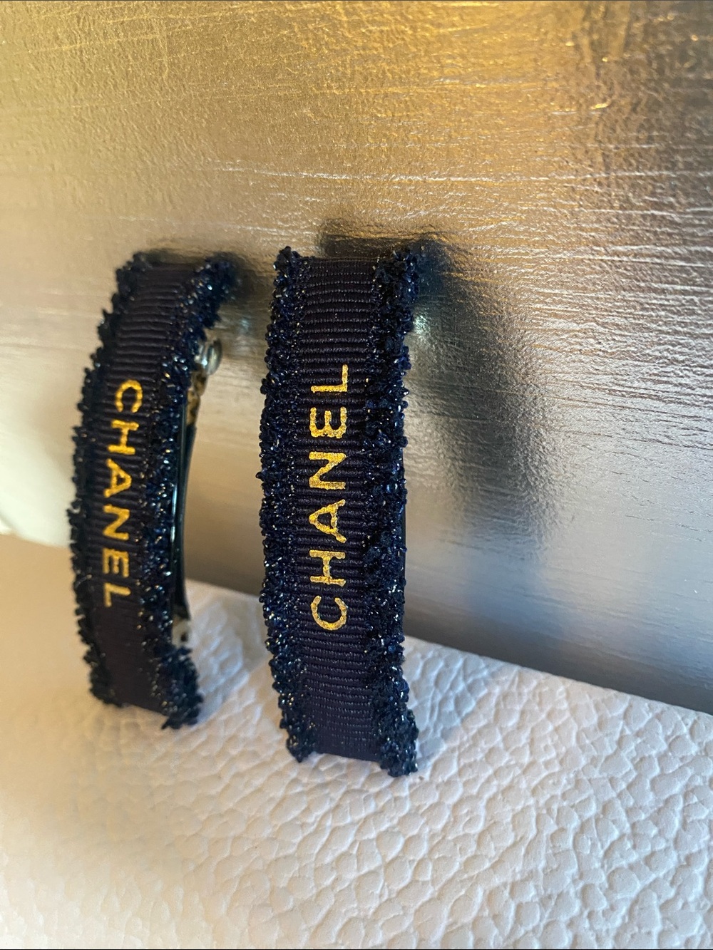 CHANEL Navy Blue and Gold Logo Ribbon